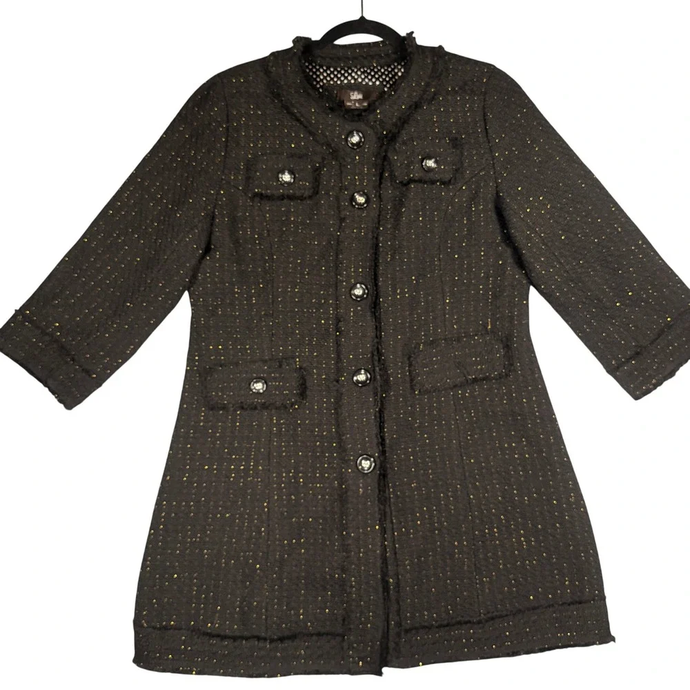 Luii Tweed Wool Blend Coat Large Women Black Gold Metallic Fringed Trim